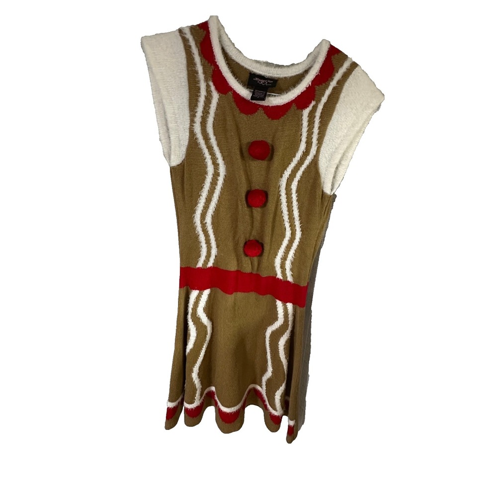 Gingerbread Man Christmas Sweater Dress Womens Small Brown Red Pom Pom Holiday